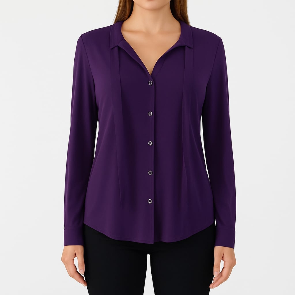 Calvin Klein Long-Sleeve Office Blouse  Purple, with Tie-Neck and Bottom Down